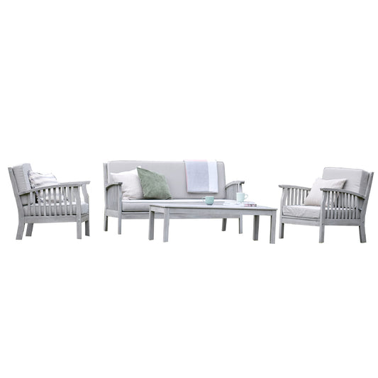 Gardenesque Patio Garden Furniture Set - Light Grey Wooden Garden Set - Repton Lounge - Outdoor Table & Chairs - Durable and Comfortable Design - With Cushions - Flat Pack Design - 4 Seater